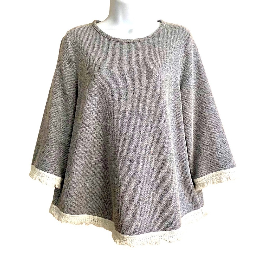 J. Jill Gray 3/4 Sleeve Knit Shirt Medium Petite Fringe Edge Casual Neutral